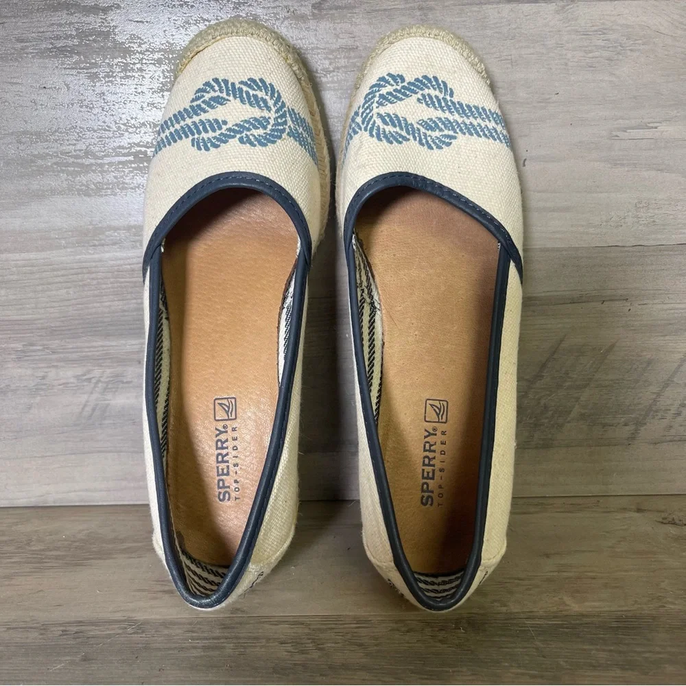 Sperry Womens 6 Tan Blue Knot Nautical Top Sider Espadrilles‎ Closed Toe Wedge
